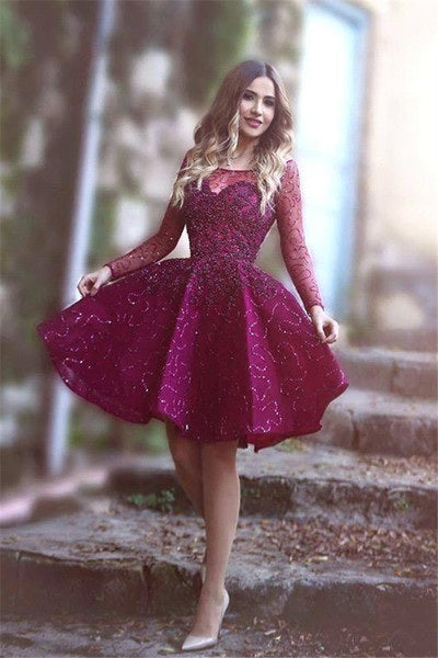 Homecoming Dress Bateau Appliques Long Sleeve Short Prom Dress Party D – Anna PromDress