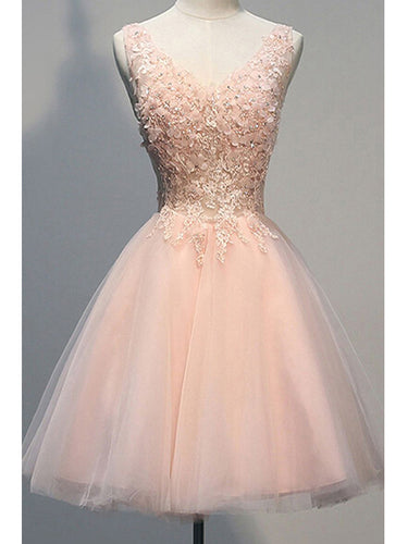 2017 Homecoming Dress Tulle Lace Short Prom Dress Party Dress Pearl Pink JK057