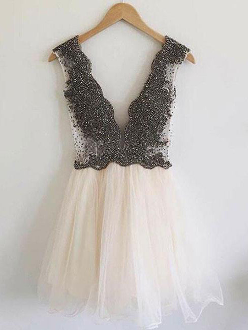 2017 Homecoming Dress Tulle Black Beading Short Prom Dress Party Dress JK074