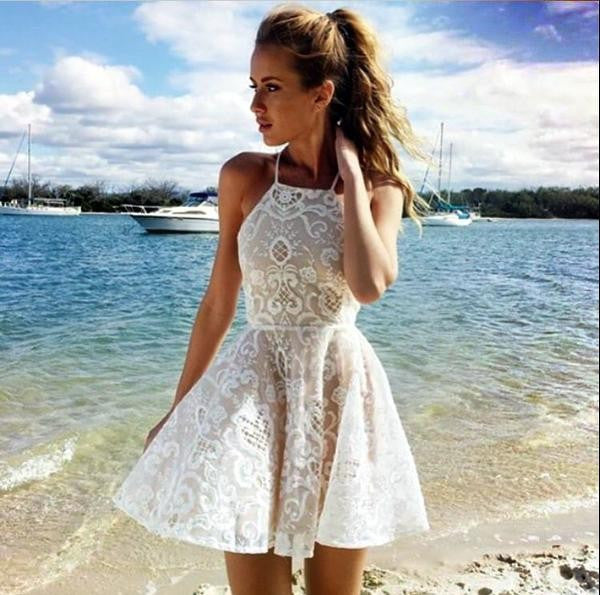 Short A-line Halter Chiffon Lace Prom Formal Homecoming Dresses main image 1