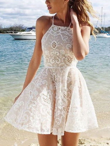 2017 Homecoming Dress Halter Lace Ivory Short Prom Dress Party Dress JK133