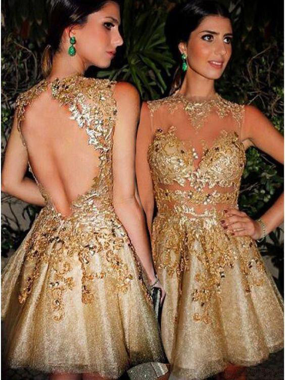 2017 Homecoming Dress Sexy Gold Backless Short Prom Dress Party Dress JK165