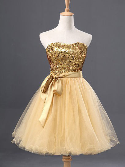 2017 Homecoming Dress Gold Strapless Bowknot Short Prom Dress Party Dress JK237