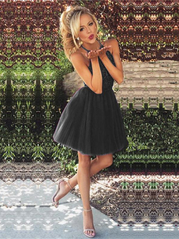 Homecoming Dress Sexy Tulle Halter Beading Short Prom Dress Party Dres –  Anna PromDress
