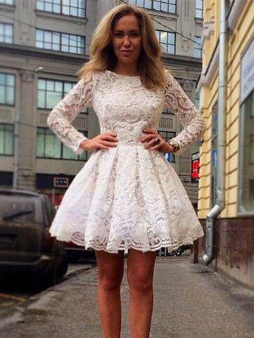 White Homecoming Dress Long Sleeve Lace Short Prom Dress Party Dress JK282