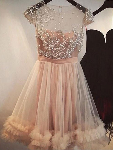 Sexy Homecoming Dress Champagne Tulle Beading Short Prom Dress Party Dress JK290
