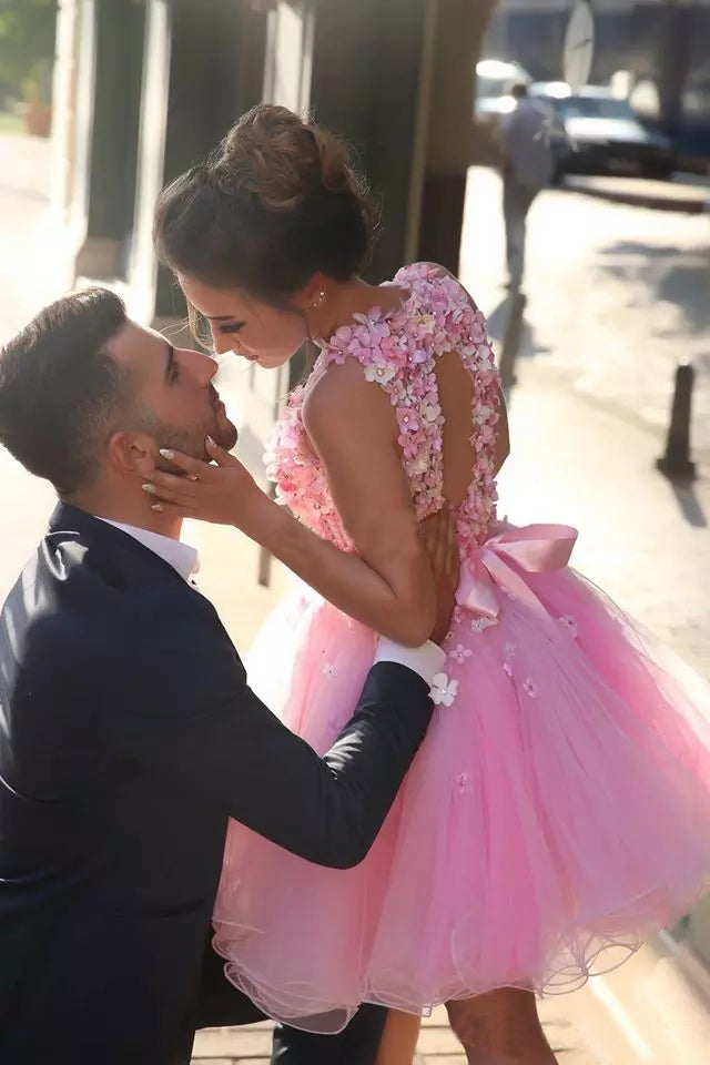 Cute Pink Homecoming Dress Hand-Made Flower Tulle Short Prom Dress Par Anna PromDress Cute Pink Homecoming Dress Hand-Made Flower Tulle Short Prom Dress Par Anna PromDress