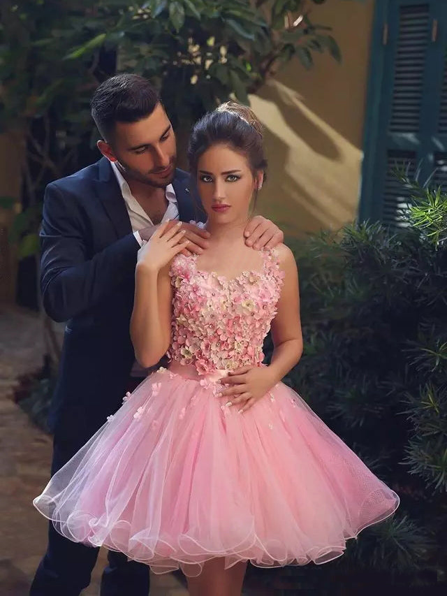 Cute Pink Homecoming Dress Hand-Made Flower Tulle Short Prom Dress Par Anna PromDress Cute Pink Homecoming Dress Hand-Made Flower Tulle Short Prom Dress Par Anna PromDress