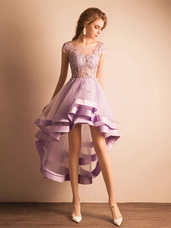 fitted lace wedding dress Cute Homecoming Dress Lilac Tulle Asymmetrical Short Prom Dress Party –  Anna PromDress