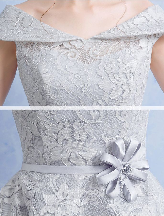 Silver Half Sleeves Beaded Lace Off-the-Shoulder Short Homecoming Dress