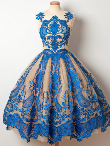 Vintage Homecoming Dress Royal Blue Appliques Tulle Short Prom Dress Party Dress JK335