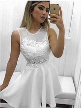 Chic White Homecoming Dress Scoop Satin Appliques Short Prom Dress Party Dress JK349