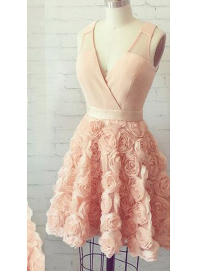 Beautiful Homecoming Dress Hand-Made Flower Satin Short Prom Dress Party Dress JK351