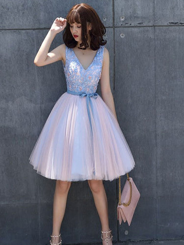 Beautiful Homecoming Dress Beading Lace Tulle Bowknot Short Prom Dress Party Dress JK355