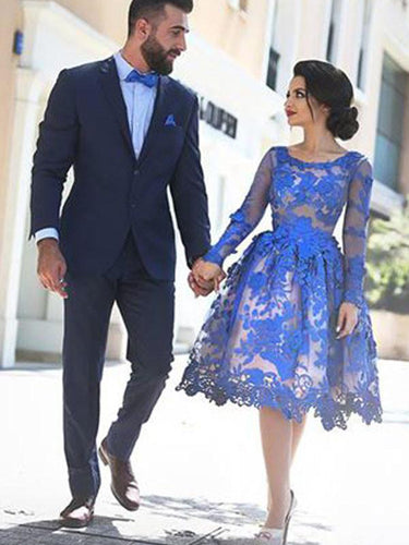 Chic Homecoming Dress Royal Blue Appliques Knee-length Short Prom Dress Party Dress JK356