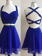 Two Piece Homecoming Dress Sexy Royal Blue Chiffon Short Prom Dress Party Dress JK376