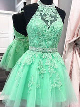 Chic Homecoming Dress Halter Appliques Sage Short Prom Dress Party Dress JK382