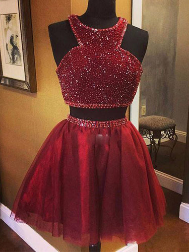 Two Piece Homecoming Dress Halter Burgundy Tulle Short Prom Dress Party Dress JK398