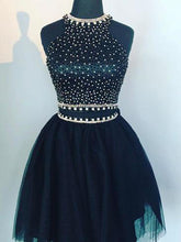 Two Piece Homecoming Dress Halter Sexy Dark Navy Short Prom Dress Party Dress JK405