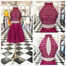 Two Piece Homecoming Dress Rhinestone Fuchsia Chiffon Short Prom Dress Party Dress JK413