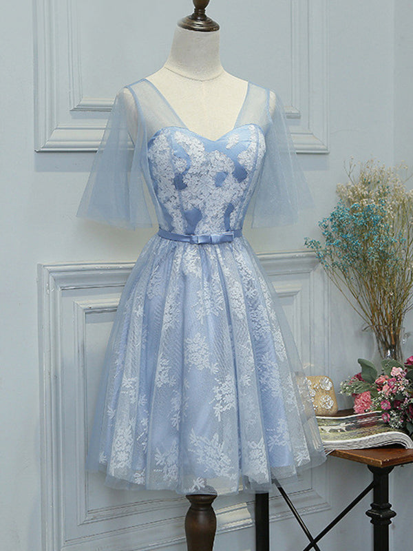 Lavender Chic Homecoming Dress V-neck Tulle Lace Short Prom Dress Part   Anna PromDress