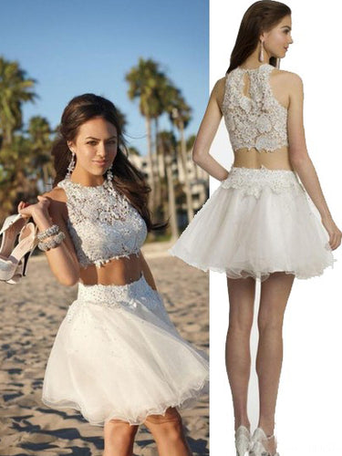 Two Piece Sexy Homecoming Dress Ivory Lace Short Prom Dress Party Dress JK447
