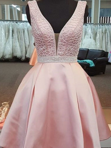 Beautiful Homecoming Dress Straps Pink Beading Short Prom Dress Party Dress JK460