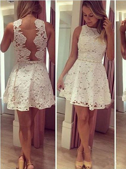 Cheap Homecoming Dress Scoop Ivory Tulle Lace Short Prom Dress Party Dress JK462