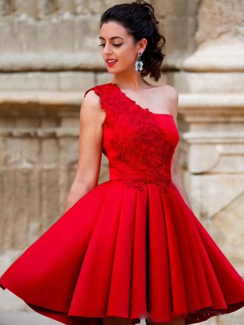 fitted lace wedding dress Sexy Homecoming Dress One Shoulder Appliques Red Short Prom Dress Part –  Anna PromDress