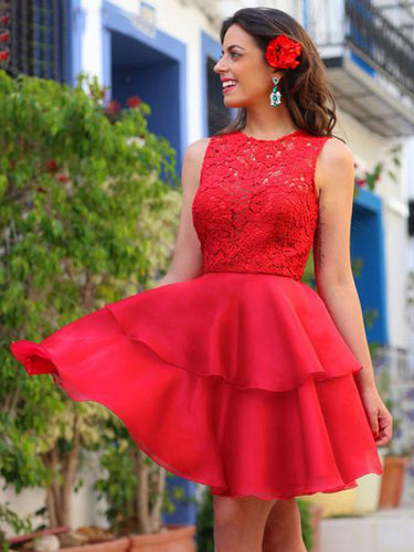 Lace Homecoming Dress A-line Scoop Organza Red Short Prom Dress Party Dress JK470