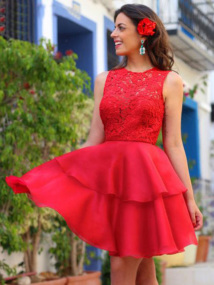 Lace Homecoming Dress A-line Scoop Organza Red Short Prom Dress Party Dress JK470