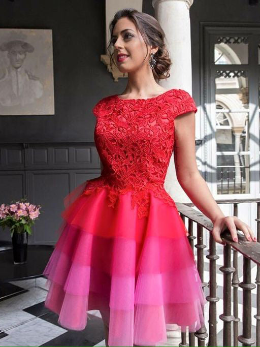 Red Homecoming Dress Scoop A-line Tulle Lace Short Prom Dress Party Dress JK473