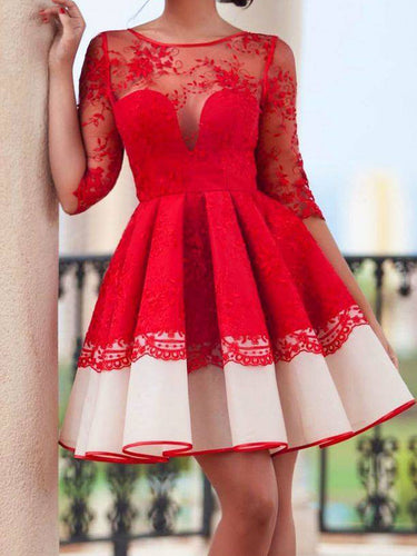 Chic Homecoming Dress Scoop A-line Red Lace Short Prom Dress Party Dress JK476