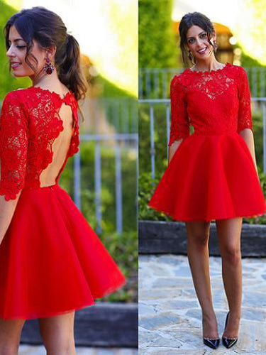 Red Homecoming Dress Scoop A-line Lace Sexy Short Prom Dress Party Dress JK477