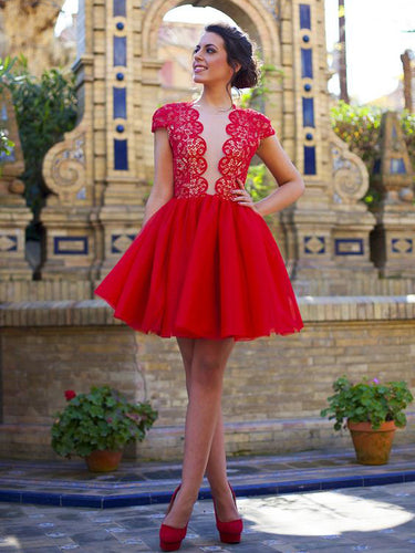 Red Homecoming Dress A-line Scoop Lace Cheap Short Prom Dress Party Dress JK478