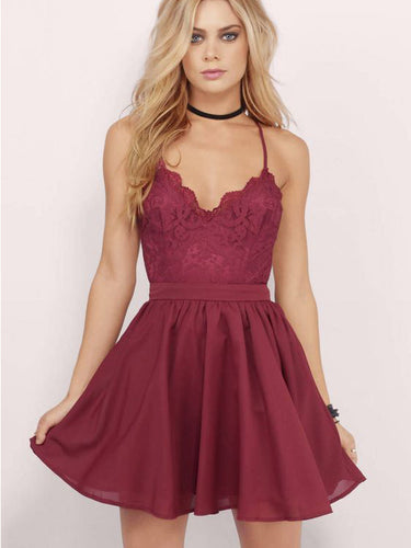 Burgundy Homecoming Dress Spaghetti Straps A-line Lace Short Prom Dress Party Dress JK479