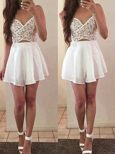 Sexy Homecoming Dress Spaghetti Straps A-line Lace Short Prom Dress Party Dress JK481