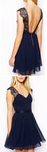 Dark Navy Homecoming Dress A-line V-neck Lace Cheap Short Prom Dress Party Dress JK482