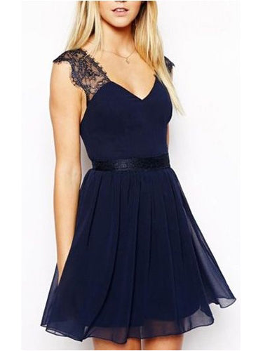 Dark Navy Homecoming Dress A-line V-neck Lace Cheap Short Prom Dress Party Dress JK482