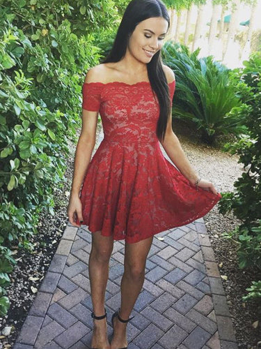 Red Homecoming Dress A-line Off-the-shoulder Short Mini Dress Lace Prom Dress Party Dress JK486