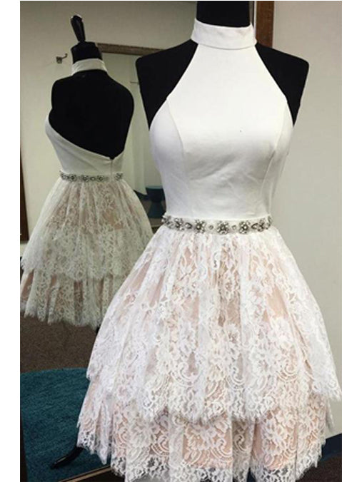 Halter Homecoming Dress A-line Ivory Lace Short Sexy Prom Dress Party Dress JK490