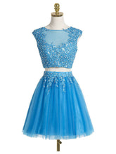 Two Piece Homecoming Dress Scoop Appliques Blue Short Prom Dress Sexy Party Dress JK492