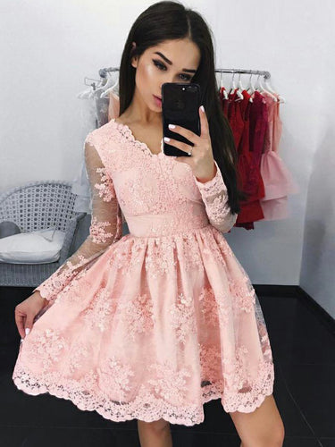 Chic Homecoming Dress V-neck Lace A-line Pink Short Prom Dress Party Dress JK494