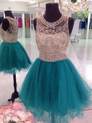 Chic Homecoming Dress Scoop A-line Rhinestone Short Prom Dress Tulle Party Dress JK503