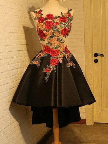 High Low Homecoming Dress Scoop A-line Appliques Short Prom Dress Black Party Dress JK504