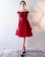 Burgundy Homecoming Dress Off-the-shoulder A-line Lace Short Prom Dress Party Dress JK507