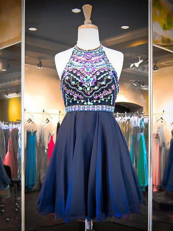 Sexy Homecoming Dress A-line Halter Rhinestone Chiffon Short Prom Dress Party Dress JK514