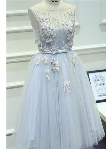 Chic Homecoming Dress Scoop A-line Appliques Short Prom Dress Tulle Party Dress JK515