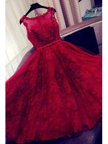 Burgundy Homecoming Dress Scoop A-line Appliques Short Prom Dress Lace Party Dress JK517