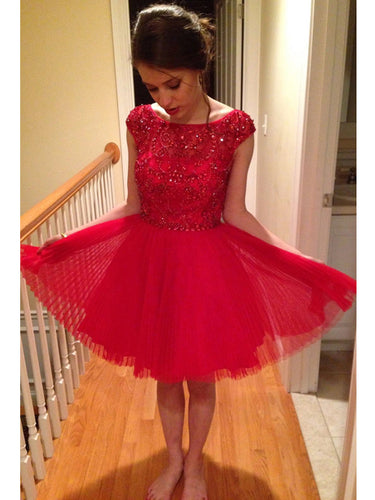 Red Homecoming Dress Scoop A-line Rhinestone Short Prom Dress Tulle Party Dress JK520